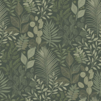 Flat swatch of Galerie Angslycka Botanical Leaf in dark green showing the smooth non-woven flat paper surface.