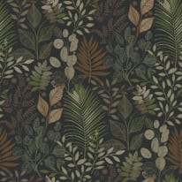 Flat swatch of Galerie Angslycka Botanical Leaf in black and green showing the smooth non-woven flat paper surface.