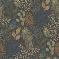 Flat swatch of Galerie Angslycka Botanical Leaf in blue and green showing the smooth non-woven flat paper surface.