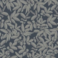 Flat swatch of Galerie Lovskog Foliage Leaf in blue and grey showing the smooth non-woven flat paper surface.
