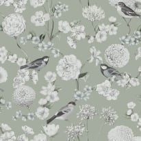 High-resolution flat swatch of Muriva Avery wallpaper showing the green and grey bird and floral pattern.