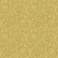 Flat swatch of Versace Barocco Flowers in gold showing the detailed non-woven substrate surface.