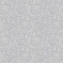 Flat swatch of Versace Barocco Flowers in pewter and blue showing the detailed non-woven substrate surface.