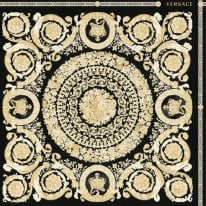 Flat swatch of Versace Barocco Heritage in black and gold showing the detailed non-woven substrate surface.