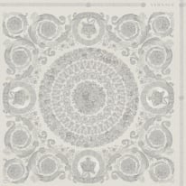 Flat swatch of Versace Barocco Heritage in silver showing the detailed non-woven substrate surface.