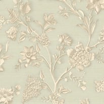 Close-up material sample of the Rasch Florentina Angelina 400921 pattern showcasing the sage metallic floral trails on a textured ground.