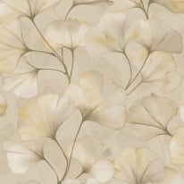 Close-up material sample of the Rasch Luminara Elara 410416 design showing the fawn beige ginkgo leaves and soft metallic highlights.