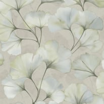 Close-up material sample of the Rasch Luminara Elara 410423 design showing the aqua blue ginkgo leaves and fine metallic highlights.