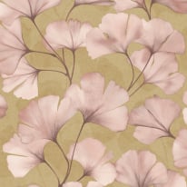 Close-up material sample of the Rasch Luminara Elara 410430 design showing the blush and ochre ginkgo leaves with metallic highlights.