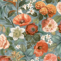 Close-up material sample of the Rasch Luminara Olivia 410515 design showing the rich teal multi floral trails on a textured background.