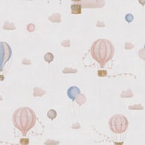 Flat material sample of the AS Creation Lilly & Luis 77077-1 design showing the detailed multi-coloured hot air balloon pattern.