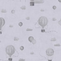 Flat material sample of the AS Creation Lilly & Luis 77077-2 design highlighting the gentle grey hot air balloon pattern.