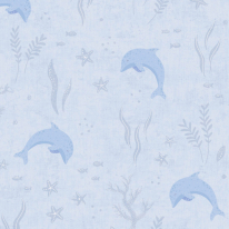 Flat material sample of the AS Creation Lilly & Luis 77132-1 design showing the detailed blue and white illustrated dolphin pattern.