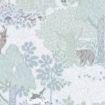 Flat material sample of the AS Creation Lilly & Luis 77133-1 design showing the detailed brown and green illustrated woodland pattern.