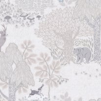 Flat material sample of the AS Creation Lilly & Luis 77133-2 design showing the detailed brown and cream illustrated woodland pattern.