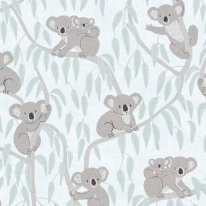 Flat material sample of the AS Creation Lilly & Luis 77134-2 design showing the detailed brown and green illustrated koala pattern.
