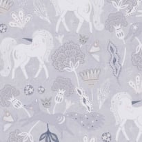 Flat material sample of the AS Creation Lilly & Luis 77138-1 design showing the detailed grey and pink illustrated unicorn pattern.