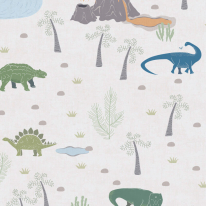 Flat material sample of the AS Creation Lilly & Luis 77140-1 design showing the detailed multi coloured illustrated dinosaur pattern.