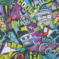 Flat material sample of the AS Creation Lilly & Luis 77142-1 design showing the detailed multi coloured urban graffiti text pattern.