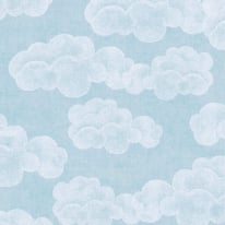 Flat material sample of the AS Creation Lilly & Luis 77143-1 design showing the detailed blue and white illustrated cloud pattern.