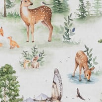 Flat material sample of the AS Creation Lilly & Luis 77172-1 design showing the detailed multi coloured illustrated forest animal pattern.