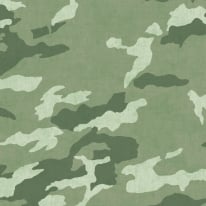 Flat material sample of the AS Creation Lilly & Luis 77173-1 design showing the detailed green tones in the camouflage pattern.