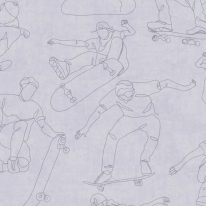 Flat material sample of the AS Creation Lilly & Luis 77174-1 design showing the detailed grey tones in the skateboard pattern.