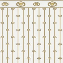 Flat swatch of Versace Baroque Panel in gold and white showing the detailed non-woven substrate surface.
