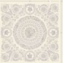 Flat swatch of Versace Barocco Heritage in cream and silver showing the detailed non-woven substrate surface.