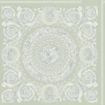 Flat swatch of Versace Barocco Heritage in green showing the detailed non-woven substrate surface.
