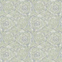 Flat swatch of Versace Barocco Flowers in green and blue showing the detailed non-woven substrate surface.