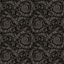 Flat swatch of Versace Barocco Flowers in black and silver showing the detailed non-woven substrate surface.