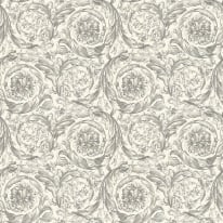 Flat swatch of Versace Barocco Flowers in white and grey showing the detailed non-woven substrate surface.