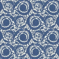 Flat swatch of Versace Barocco Flowers in blue and white showing the detailed non-woven substrate surface.