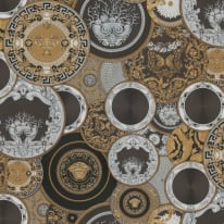 Flat swatch of Versace Art De La Table in black, gold, and silver showing the detailed non-woven substrate surface.