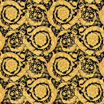 Flat swatch of Versace Barocco Flowers in gold showing the detailed non-woven substrate surface.