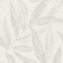Flat material sample of the AS Creation Hygge 3 79096-3 design showing the blue leaf trails and silver metallic details.