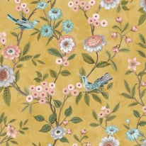 Fine Decor Eleanor Floral Birds Ochre Wallpaper - FD43446