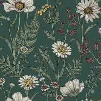 Forest Green Wild Meadow 43882 swatch showing white botanical print.