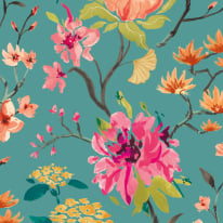 Ohpopsi Saku Japanese Flowers Peacock/Rose Wallpaper - HAN50152W