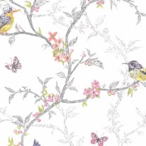 Holden Decor Phoebe Birds White Multi Metallic Wallpaper - 98080