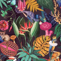 Holden Decor Wonderland Tropical Animals Plum Multi Wallpaper - 91192