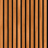 Close-up material sample of the Hoopla Walls HWA1450W design showing the rich teak wood slat print on a non-woven base.
