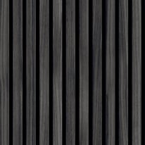 Close-up material sample of the Hoopla Walls HWA1452W design showing the dark charcoal wood slat print on a non-woven base.