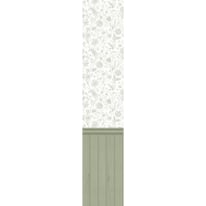 Close-up material sample of the Hoopla Walls HWA1480W design showing the floral toile top and sage tongue and groove bottom printed on a single flat non-woven base.