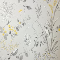 Crown Mariko Floral Treebird Grey/Yellow Metallic Wallpaper - M1551