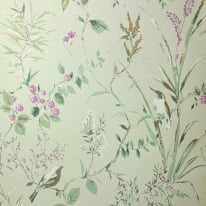 Crown Mariko Floral Treebird Mint/Plum Metallic Wallpaper - M1552