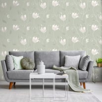 Crown Synergy Floral Green/Cream Glitter Wallpaper - M1739