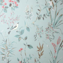 Crown Mariko Floral Treebird Blue Metallic Wallpaper - M1856