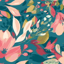 Origin Flowing Flowers Teal Blue/Coral Wall Mural - MUR363